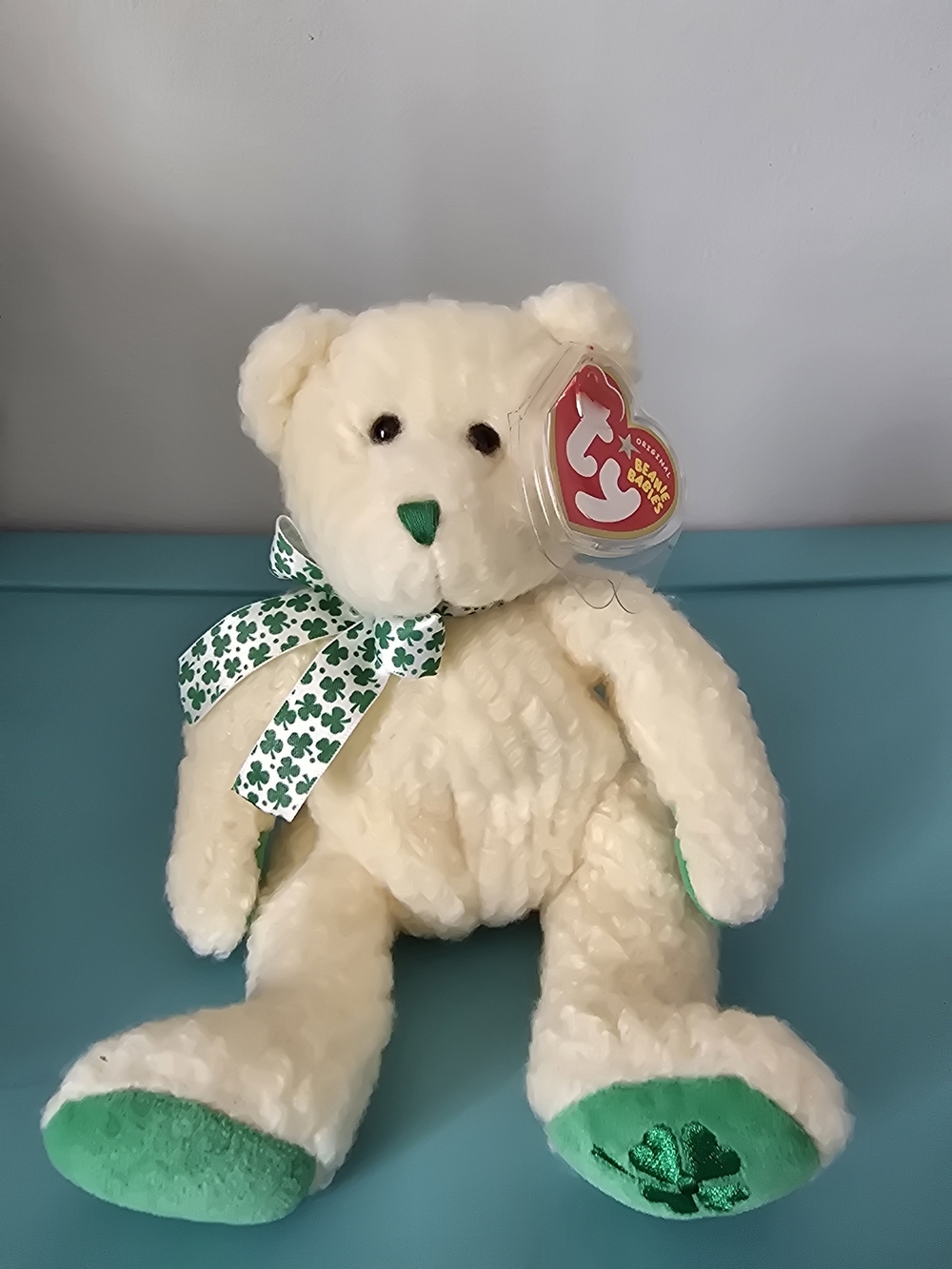 Ty Cream & Green Beanie Baby Bear with Shamrock Bow